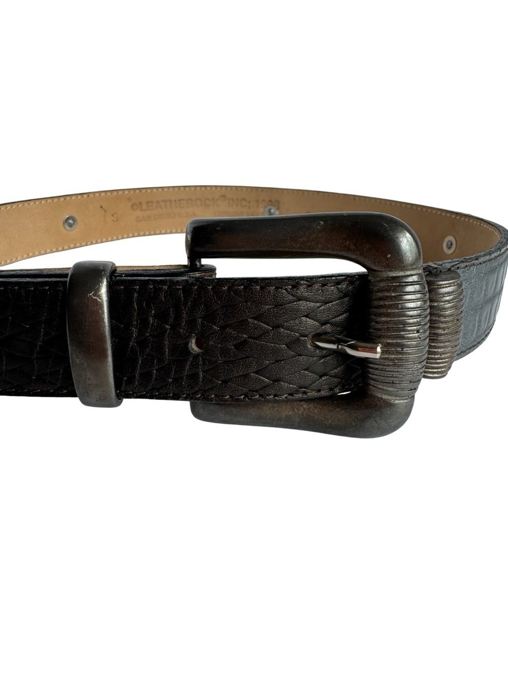 1998 Leatherock Artisan Leather Belt Sz S Gunmetal Buckle Vintage Boho Western